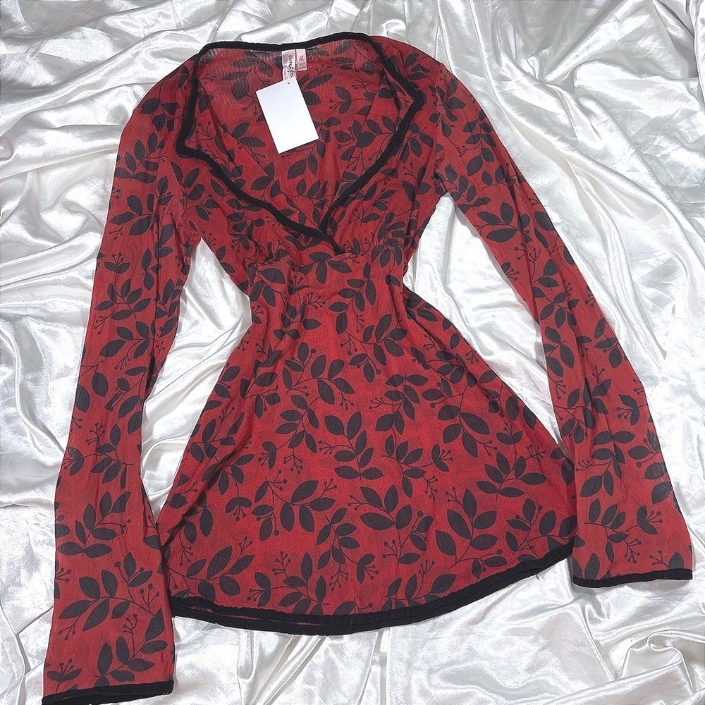 y2k floral Mesh Top Red New Sweet Pea by Stacy Frati Long Sleeve V-Neck Leaf